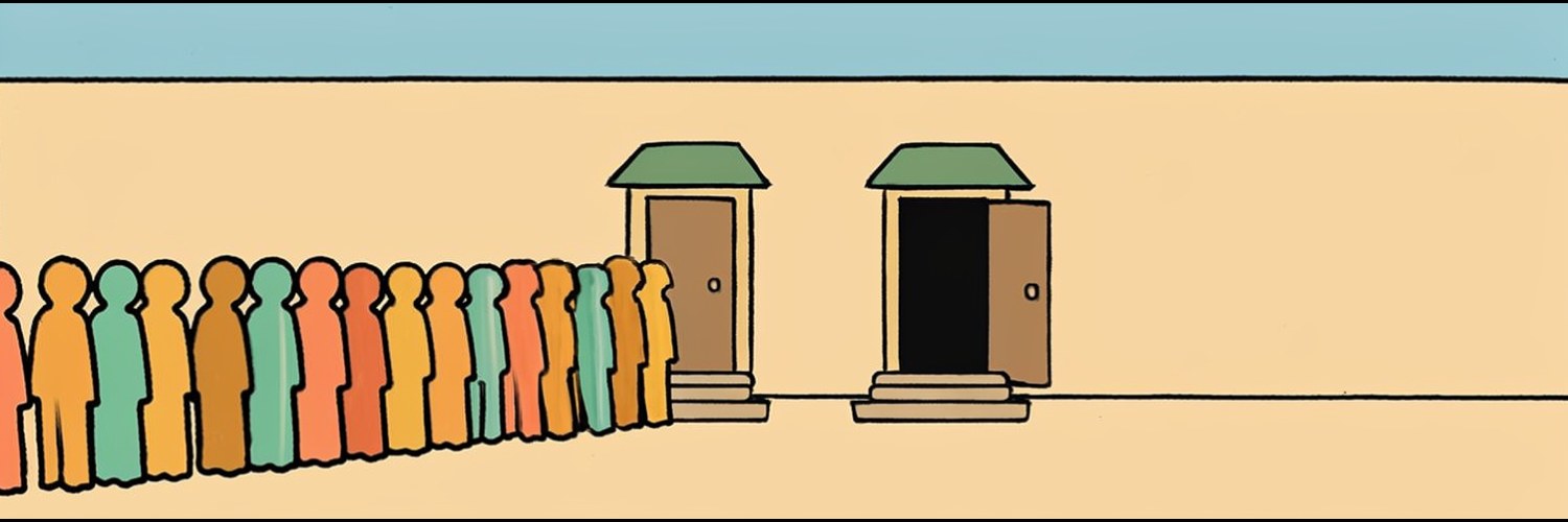 Two identical doors set into the same wall on Pons. Same handles, same awnings, same steps, no signs on either. At the left door a dense queue of people stretches off the edge of the frame. At the right door the sidewalk is empty except for a couple of stray leaves, and its door stands wide open.